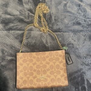 Coach Tan Signature Crossbody Bag with Gold Chain